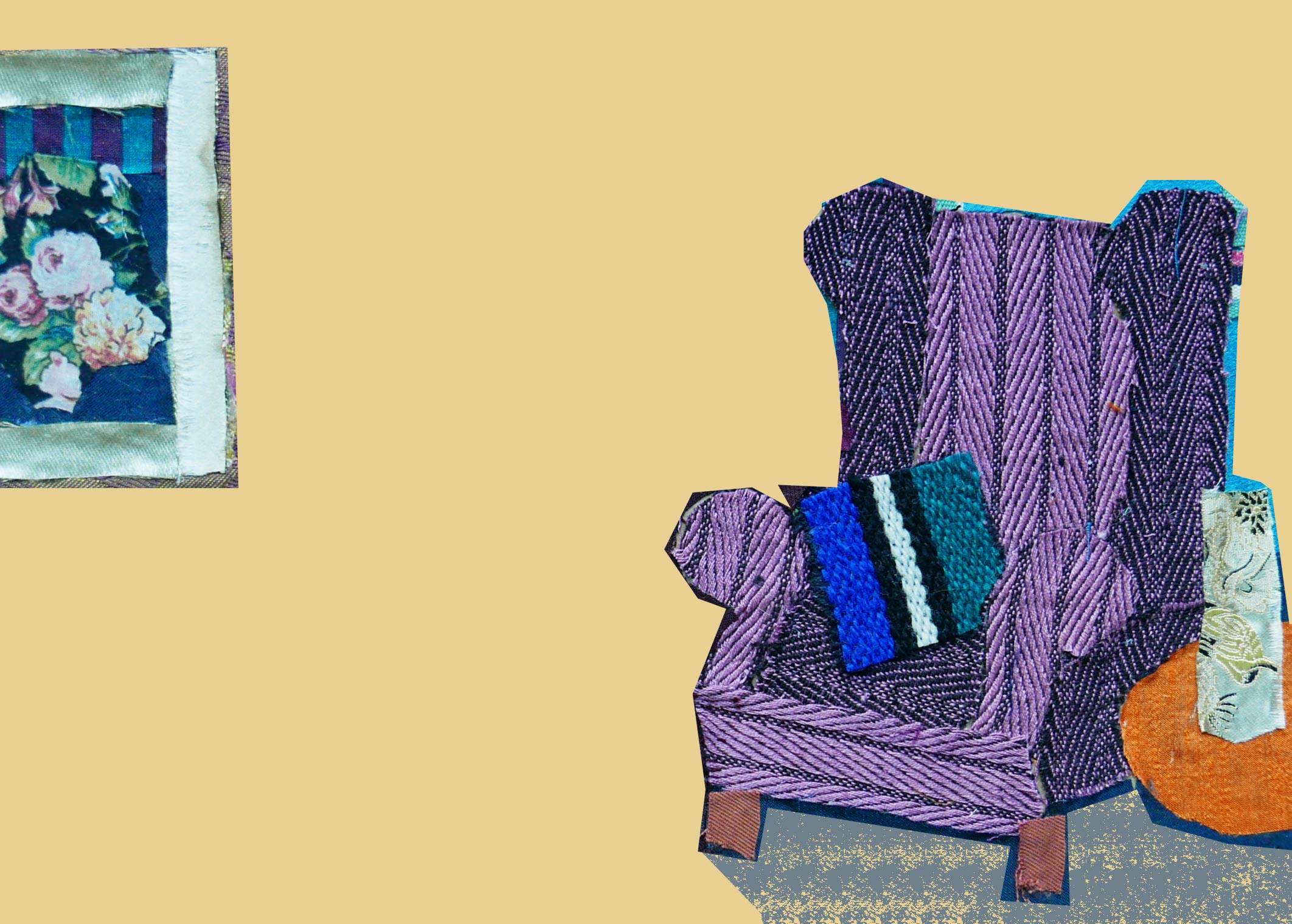 Illustration Stoffcollage mit einem Bild und Sessel, Minimalismus und Wirkichkeit