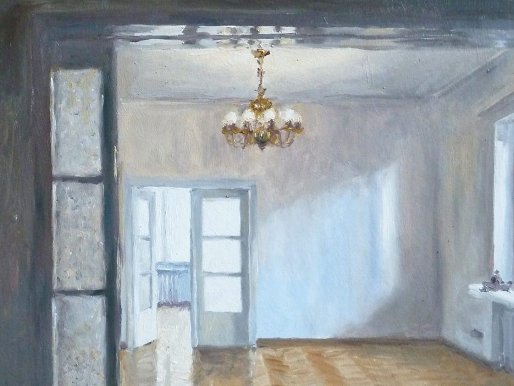 Ölbild von Magda Jarzabek Raumporträt einer leeren Wohnung mit Parkett und Kronleuchter