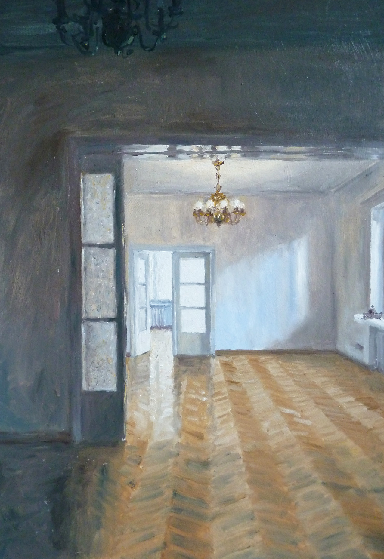 Ölbild von Magda Jarzabek Raumporträt einer leeren Wohnung mit Parkett und altem Kronleuchter